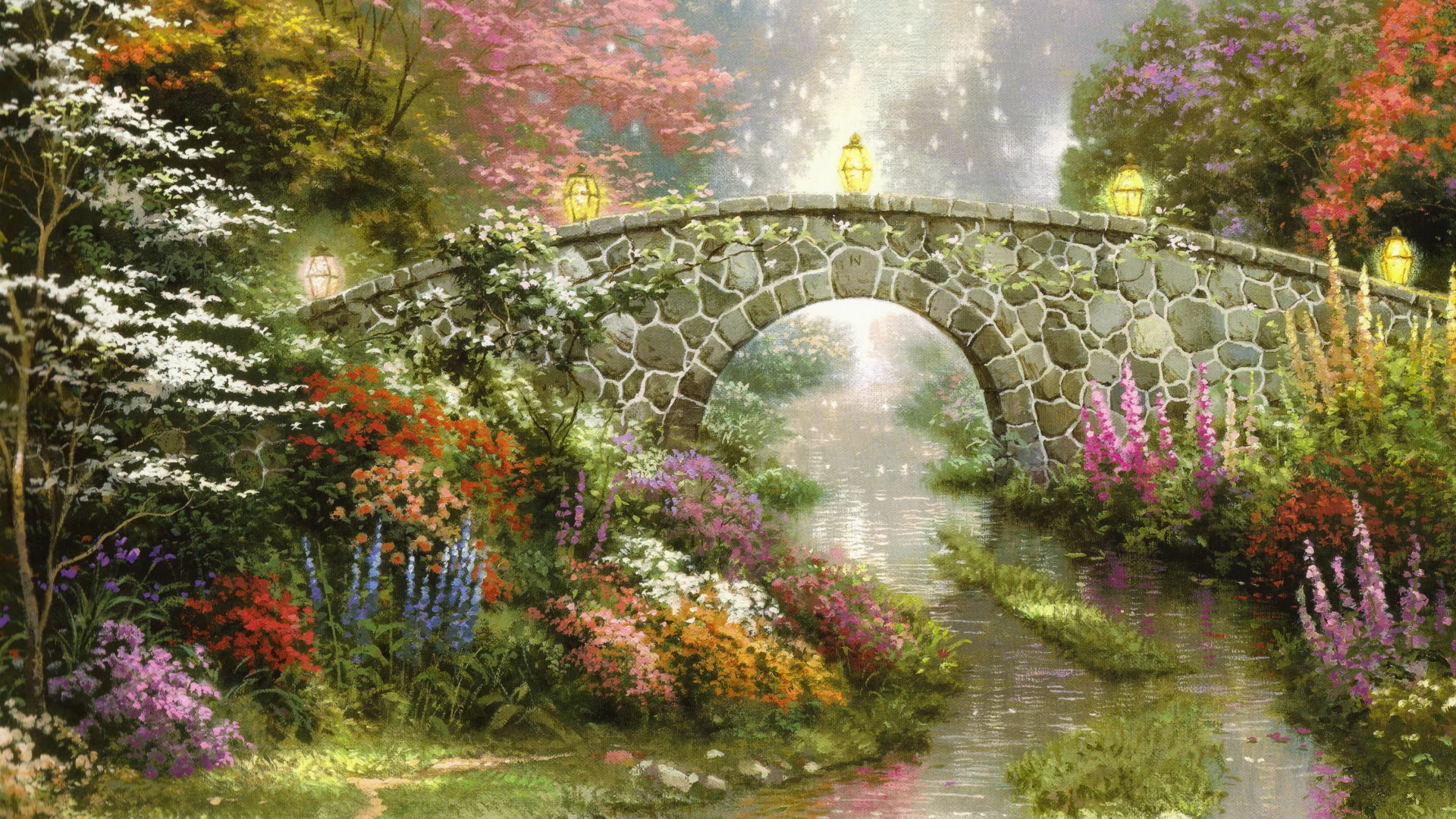 Stillwater bridge, nature, beautiful, painting, lamps, thomas kinkade, magic, flowers, bridge