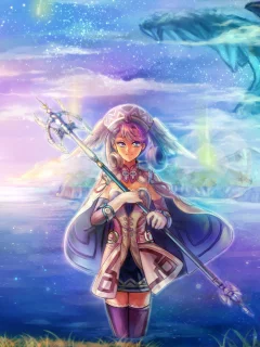 озеро, nadir, Арт, melia, xenoblade, скалы, game, посох, девушка