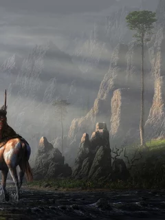 ручей, индеец, человек, пейзаж, скалы, арт, камни, перья, река, конь, fel-x, лошадь