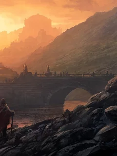 река, andreas rocha, Арт, замок, пейзаж, город, люди, мост