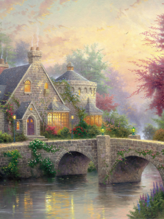 art, manor, lamps, thomas kinkade, bridge, painting, cottage, Lamplight manor, river, colorful