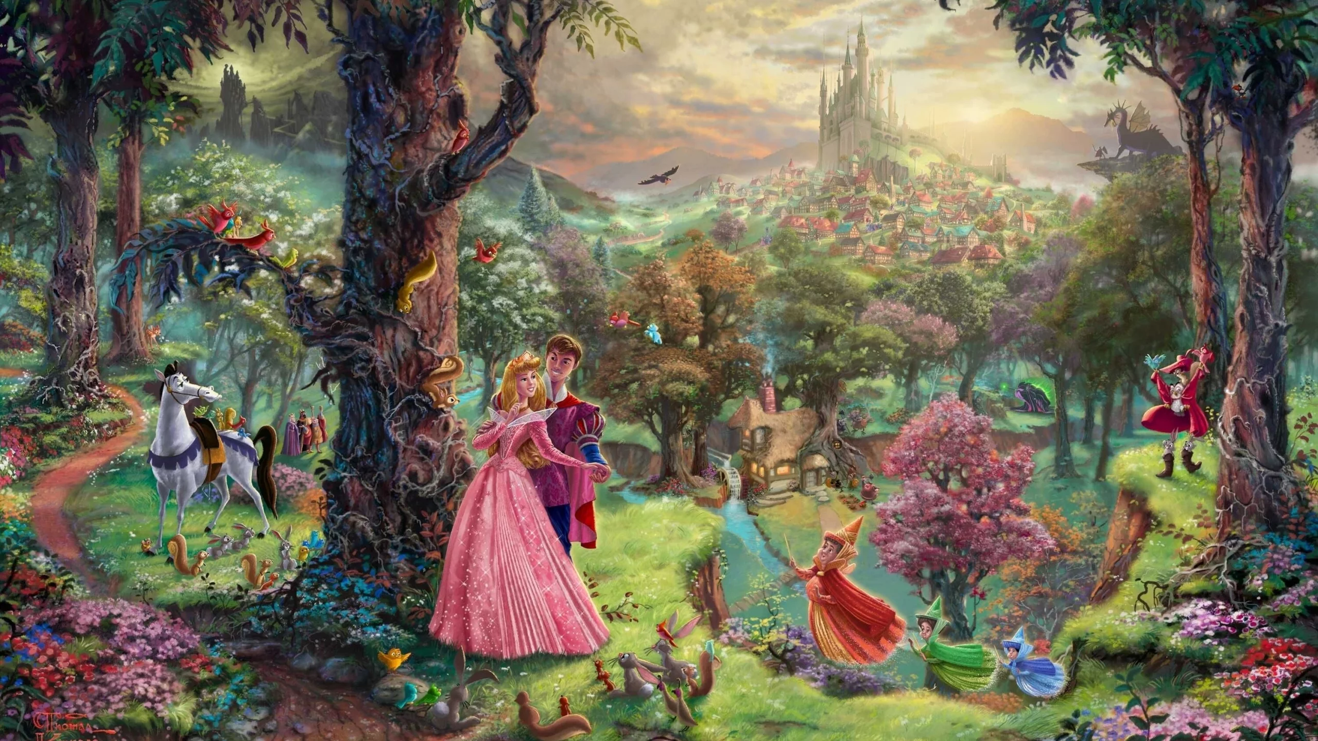 thomas kinkade, castle, живопись, лес, сказка, мультфильм, art, дома, деревья, персонажи, уолт дисней, томас кинкейд, painting, animated film, парк, walt disney, замок, дракон, спящая красавица, sleeping beauty