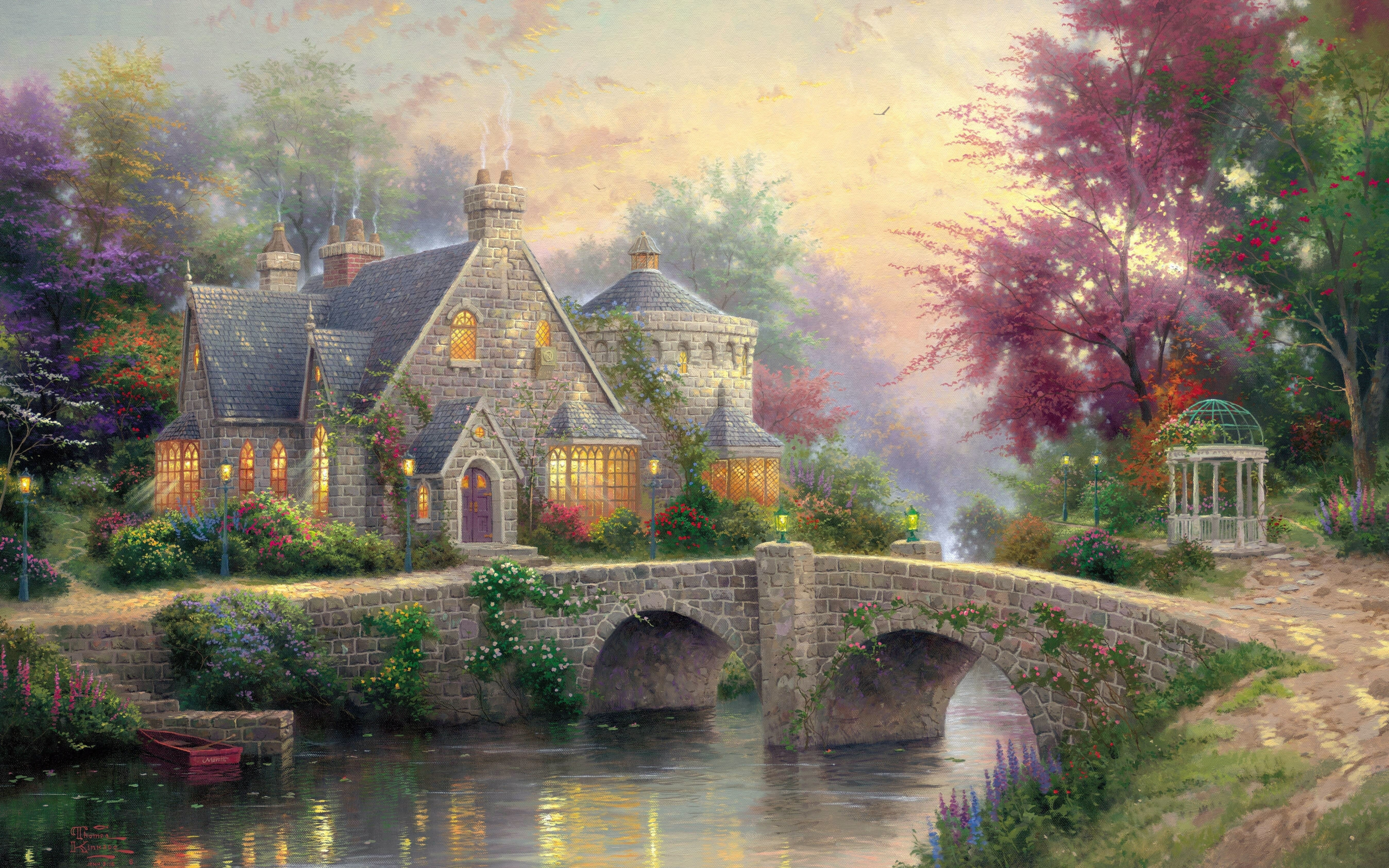 art, manor, lamps, thomas kinkade, bridge, painting, cottage, Lamplight manor, river, colorful