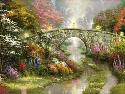 Stillwater bridge, nature, beautiful, painting, lamps, thomas kinkade, magic, flowers, bridge