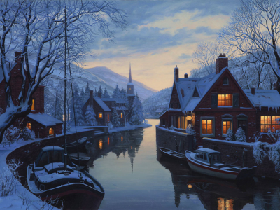 snow, chapel, trees, houses, painting, eugeny lushpin, winter, An old inn by the river, lushpin