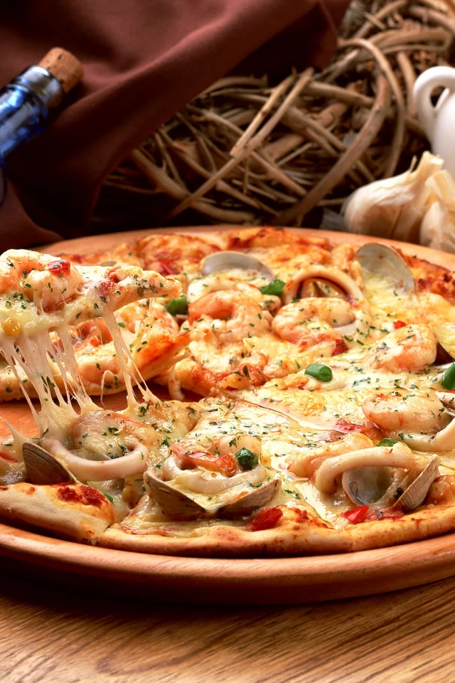мидии, бутылка, блюдо, корзинка, морепродукты, кальмары, pizza, пицца, специи
