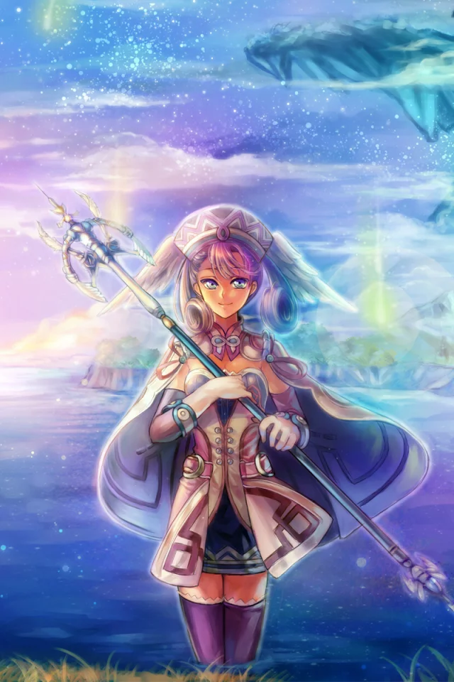 озеро, nadir, Арт, melia, xenoblade, скалы, game, посох, девушка