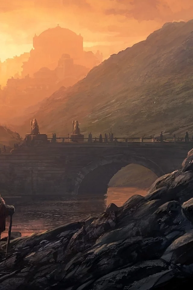 река, andreas rocha, Арт, замок, пейзаж, город, люди, мост