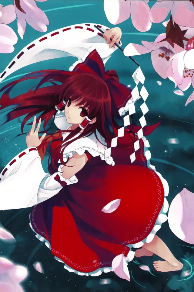 misaki kurehito, вода, лепестки, сакура, Hakurei reimu, touhou