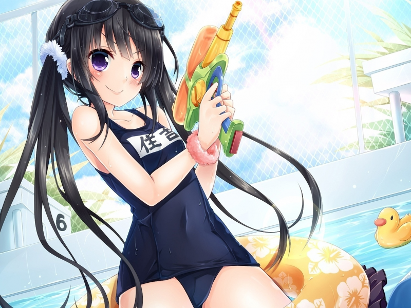 бассейн, sumiyoshi nana, вода, пистолет, девочка, купальник, очки