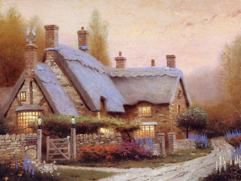 живопись, лето, thomas kinkade, домик, картина, коттедж, цветы, кинкейд