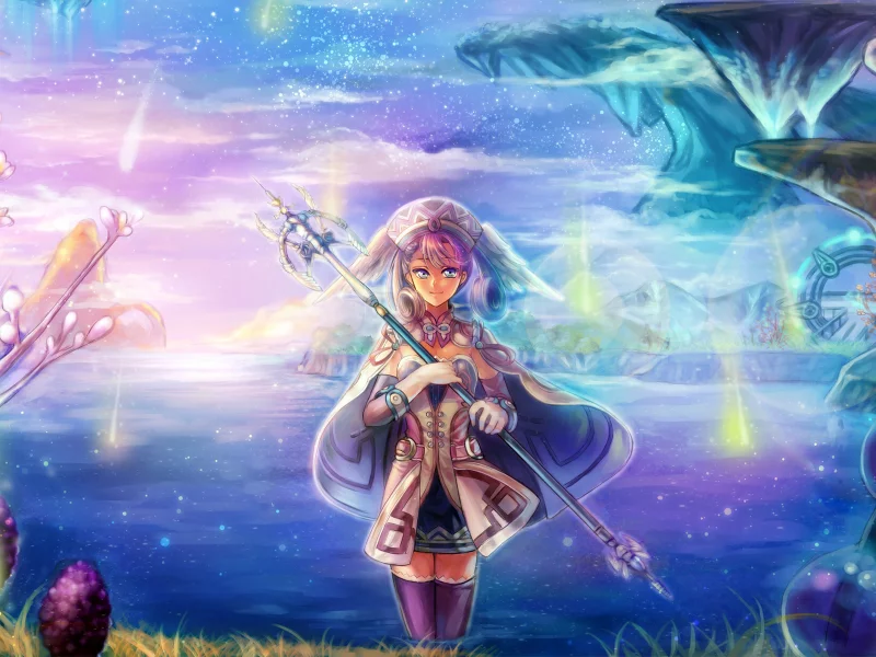 озеро, nadir, Арт, melia, xenoblade, скалы, game, посох, девушка