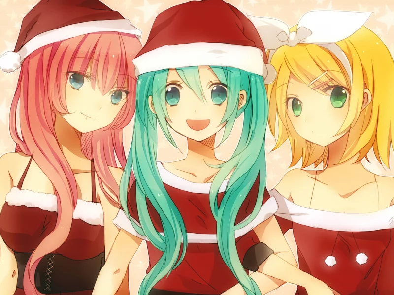 hatsune miku, kagamine rin, девушки, улыбки, megurine luka, vocaloid, взгляд, новый год