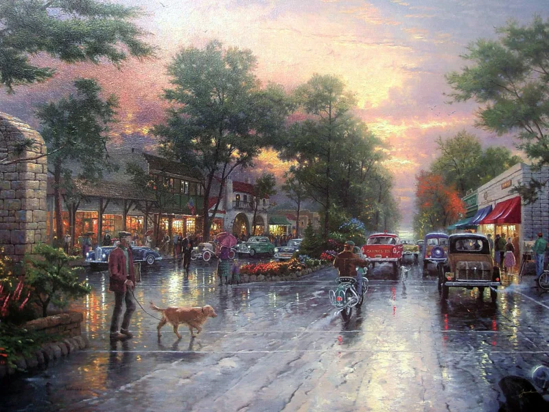 street, cars, houses, ретро, улица, томас кинкейд, дорога, avenue, аллея, sunset, kinkade, городок, проспект, автомобили, закат, thomas kinkade, carmel sunset on ocean avenue, колокол, живопись, painting, town, city, здания