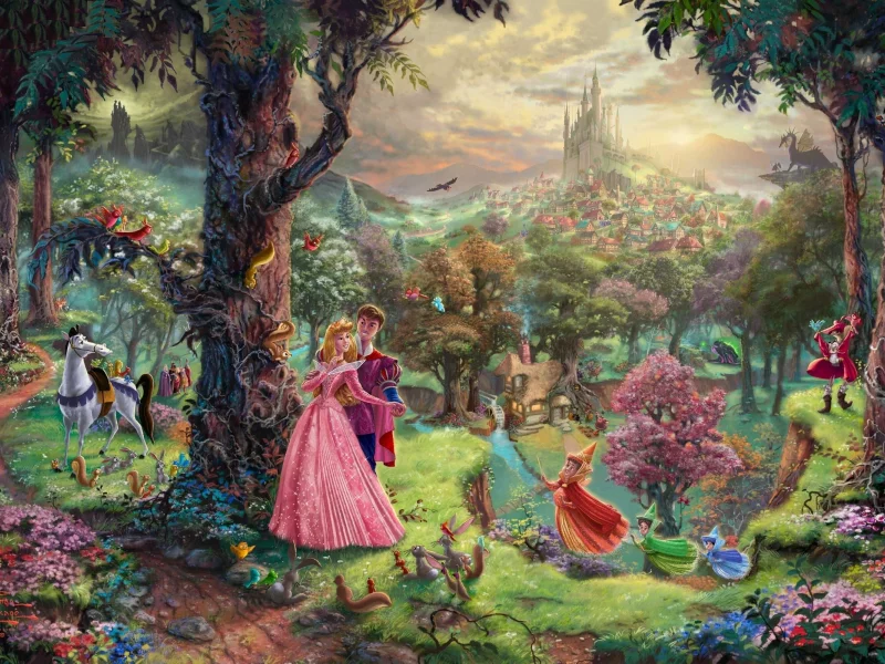 thomas kinkade, castle, живопись, лес, сказка, мультфильм, art, дома, деревья, персонажи, уолт дисней, томас кинкейд, painting, animated film, парк, walt disney, замок, дракон, спящая красавица, sleeping beauty
