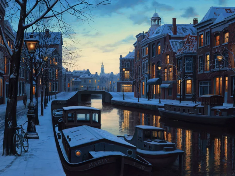 netherlands, evening, amsterdam, eugeny lushpin, Winter twilight, painting, lights, holland, boats