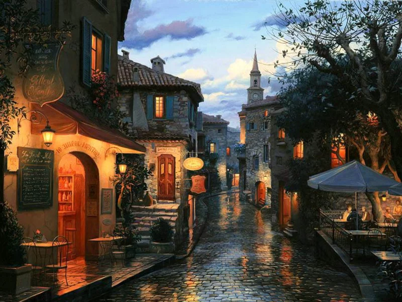 бар, tables, евгений лушпин, houses, evening, painting, улица, кафе, европейский, вечер, дома, umbrellas, часовня, зонты, magic evening, cafe, chapel, живопись, городок, bar, street, лушпин, столики, часы, eugeny lushpin