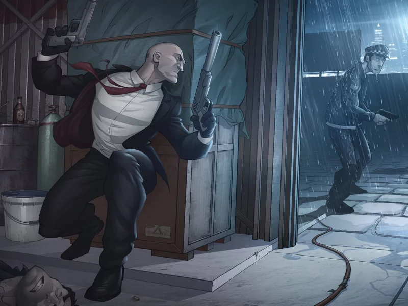 Hitman absolution, дождь, киллер, patric kbrown, полиция, пистолеты