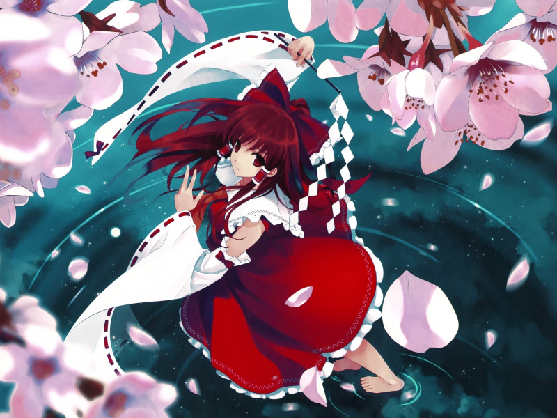 misaki kurehito, вода, лепестки, сакура, Hakurei reimu, touhou