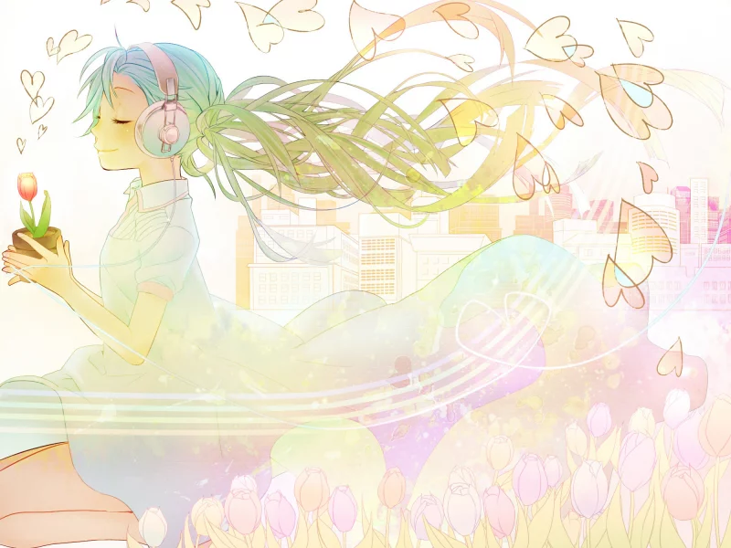 тюльпаны, сердечки, девушка, Vocaloid, hatsune miku, наушники