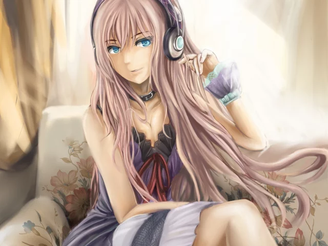 арт, диван, megurine luka, наушники, vocaloid, девушка, cj man