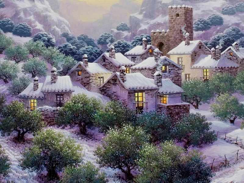 painting, snow in the olive grove, nieve en los olivares, luis romero