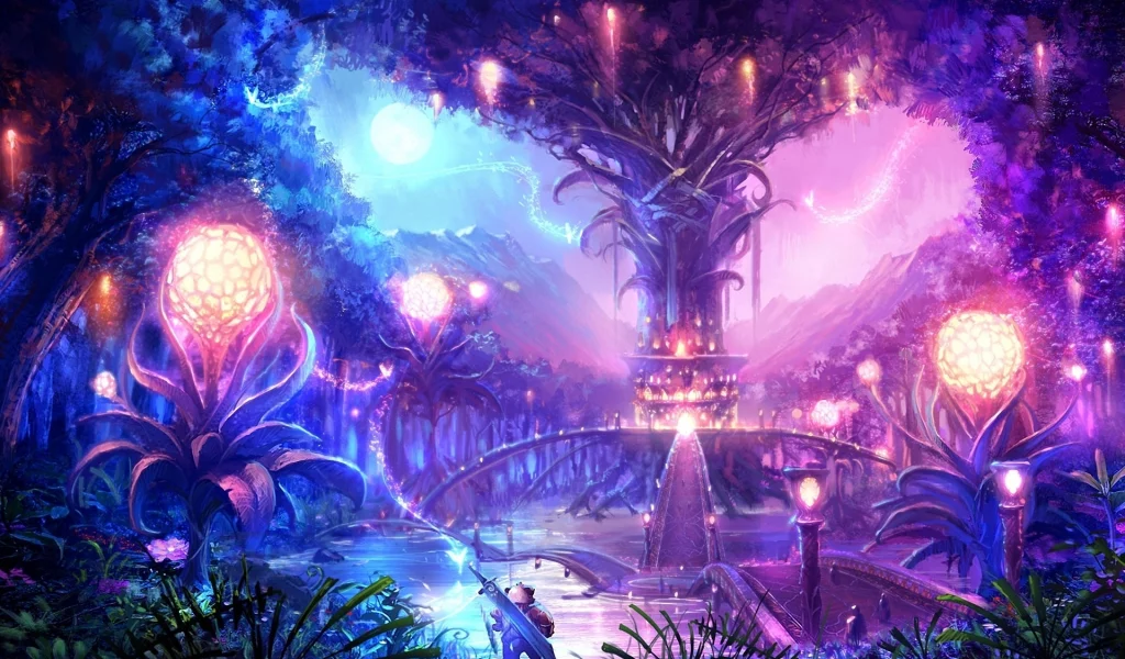 tera online, пейзаж, огни, луна, дерево, ночь