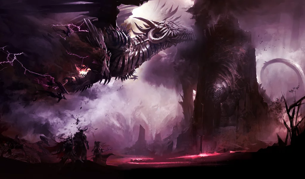 dragon, крепость, guild wars 2, дракон, молнии