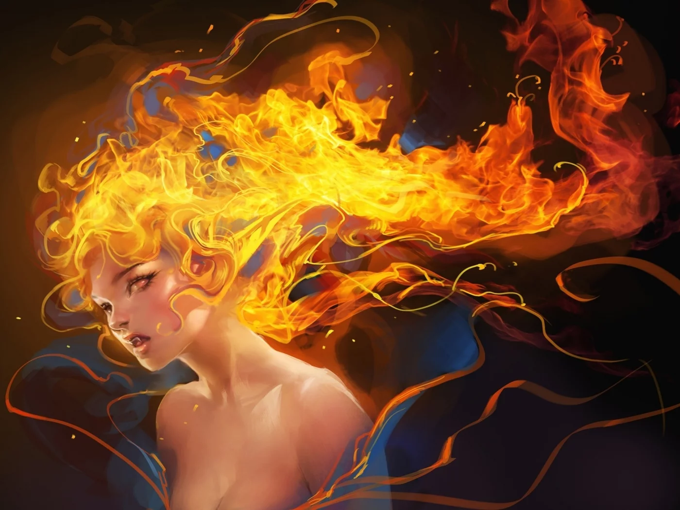 sakimichan, клыки, девушка, вампир, огонь