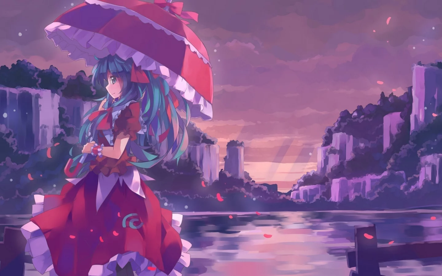 девушка, платье, kagiyama hina, touhou, зонт