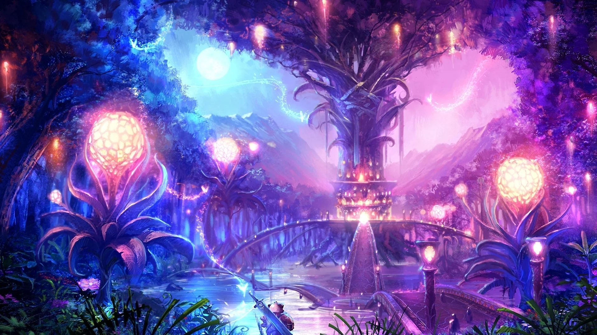 tera online, пейзаж, огни, луна, дерево, ночь