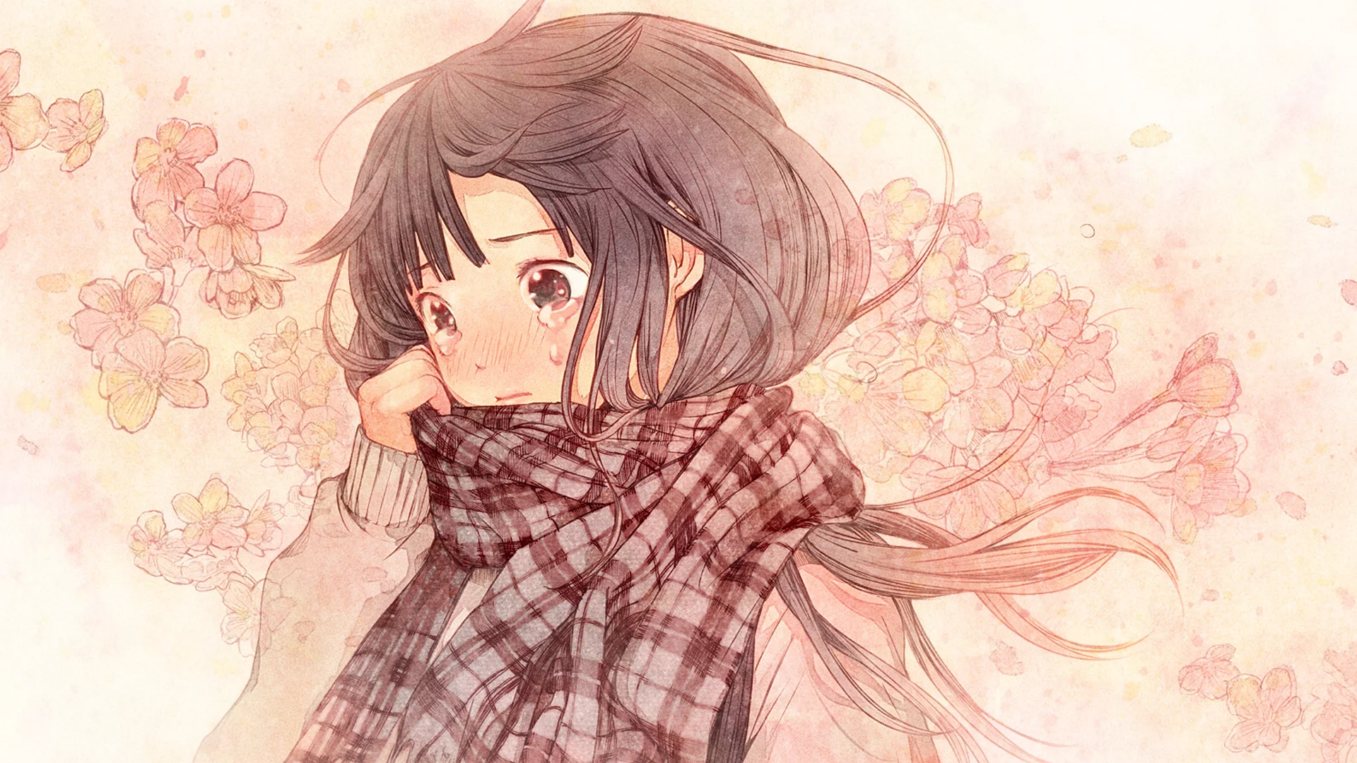 muffler, pink, flower, girl, tear