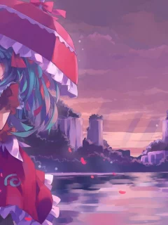 девушка, платье, kagiyama hina, touhou, зонт
