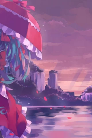 девушка, платье, kagiyama hina, touhou, зонт