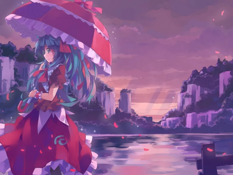 девушка, платье, kagiyama hina, touhou, зонт