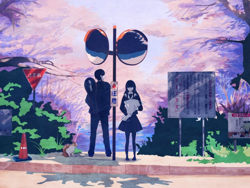pink, signs, sakura, street, student, bus stop