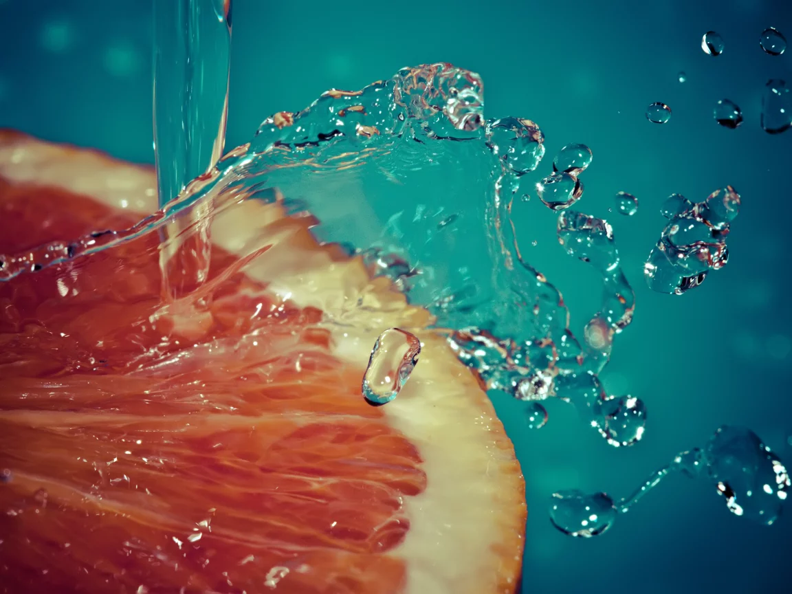 капли, вода, брызги, грейпфрут