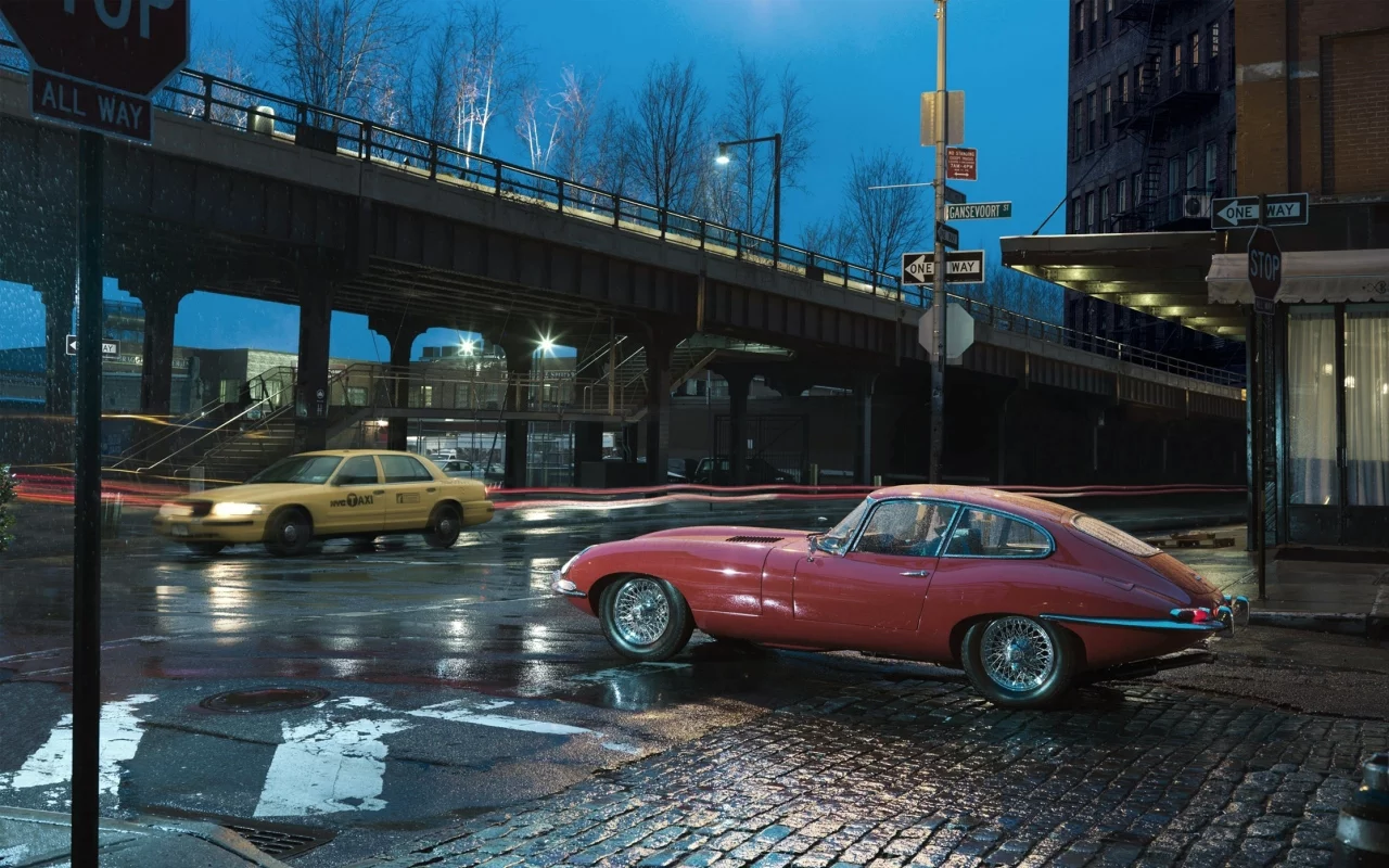 дождь, jaguar e-type 1963, ночь, дорога