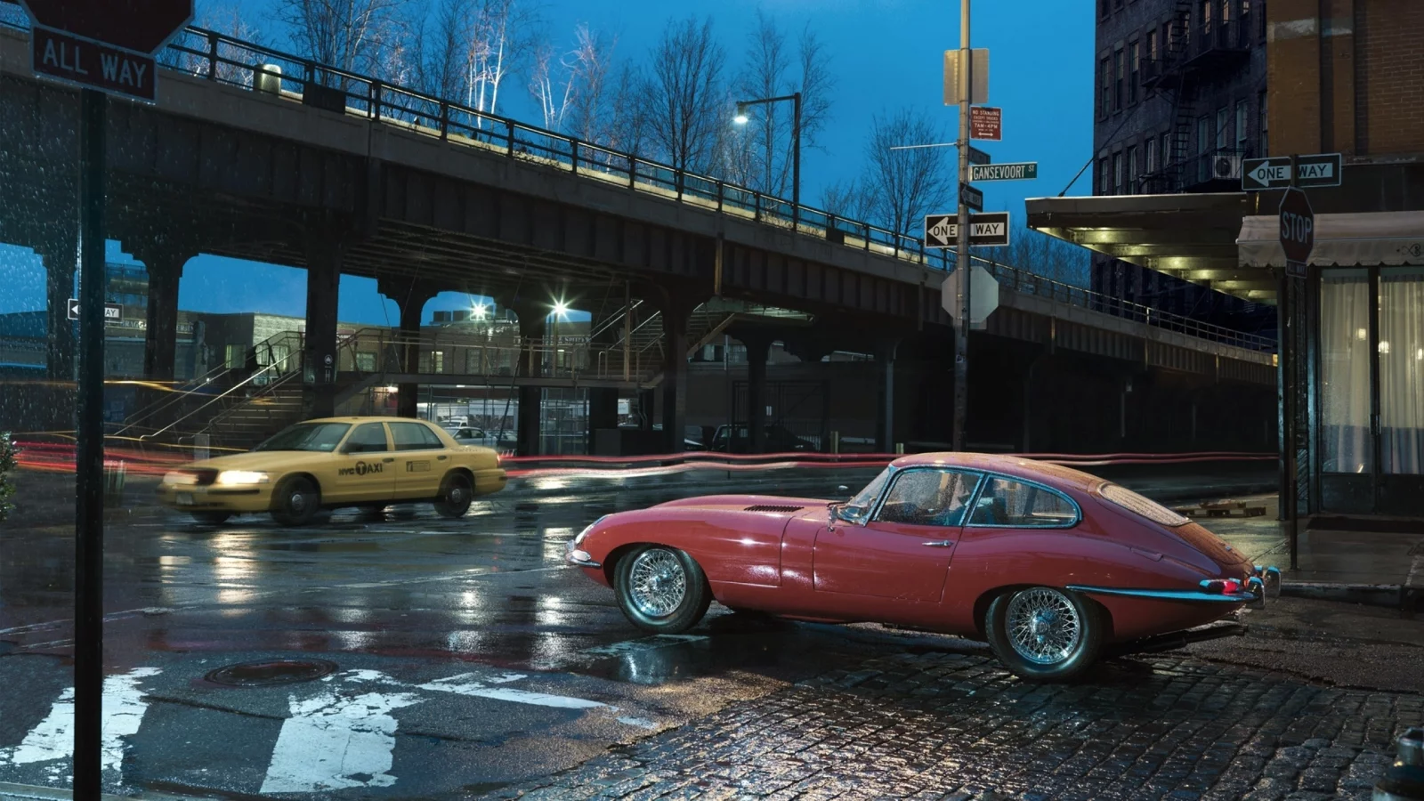 дождь, jaguar e-type 1963, ночь, дорога
