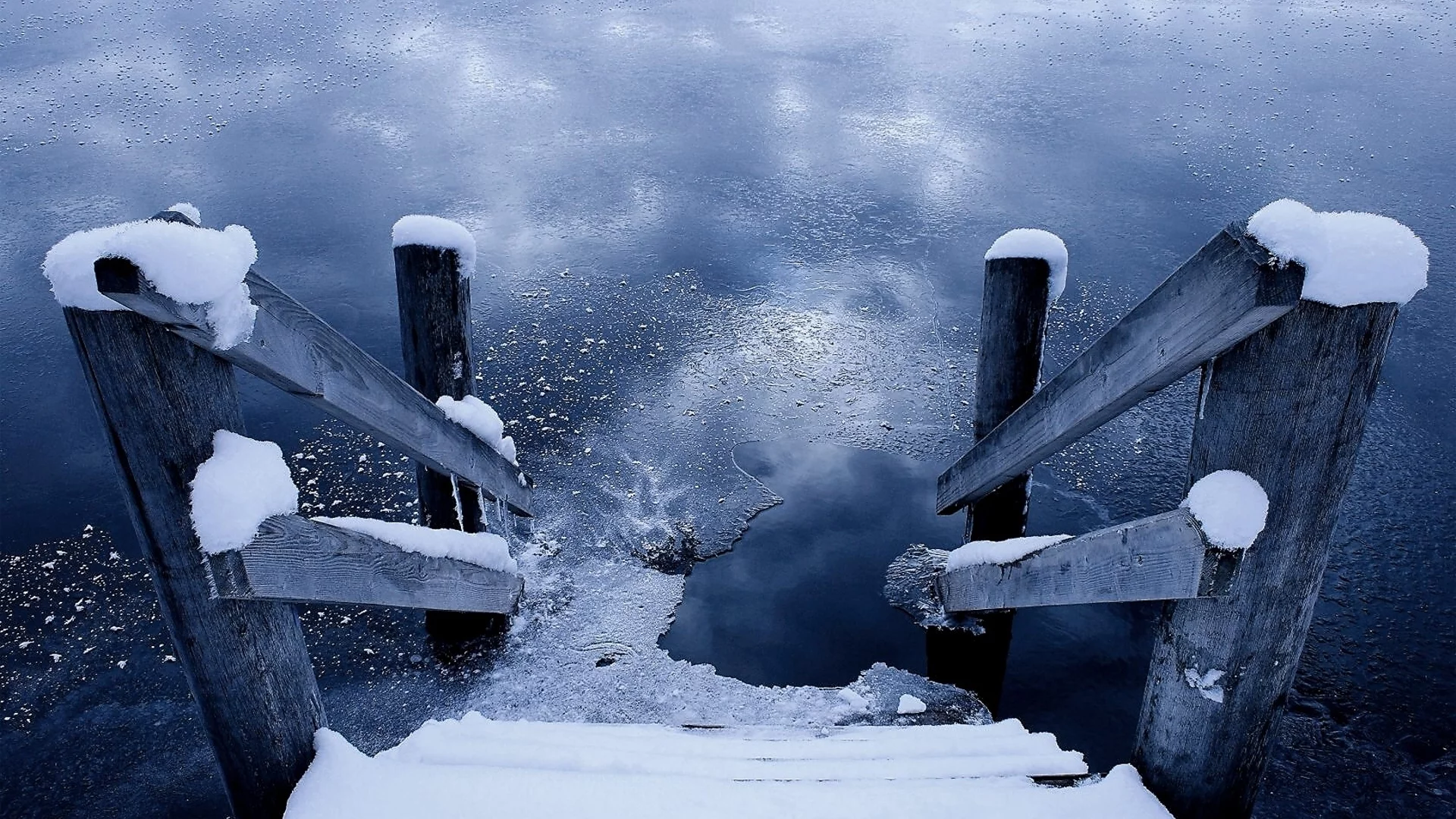 лестница, лед, вода, снег