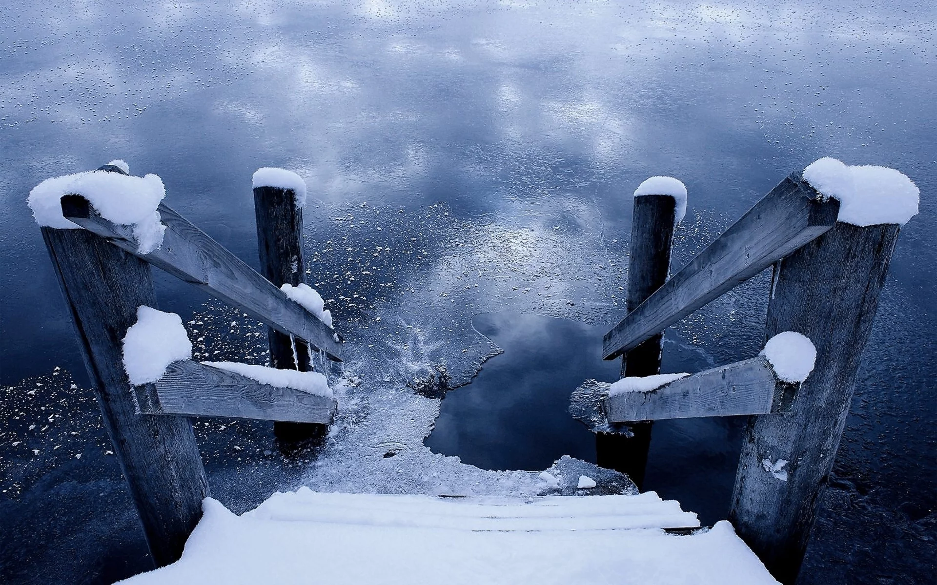 лестница, лед, вода, снег