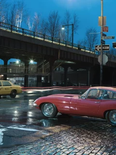 дождь, jaguar e-type 1963, ночь, дорога