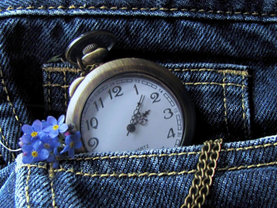 часы, карман, джинсы, цепочка, цветы