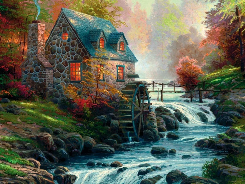 река, thomas kinkade, рисунок, лес, котедж