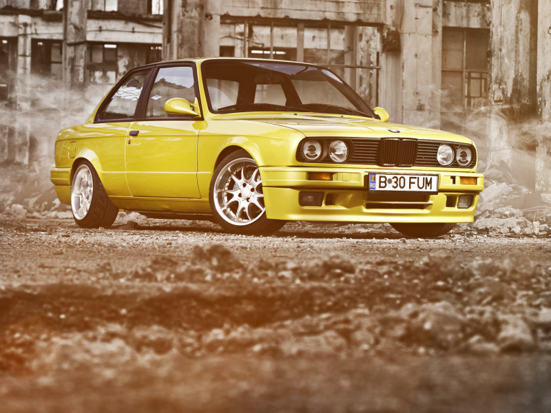 yellow, bmw, e30, m3, бмв, руины, жёлтый