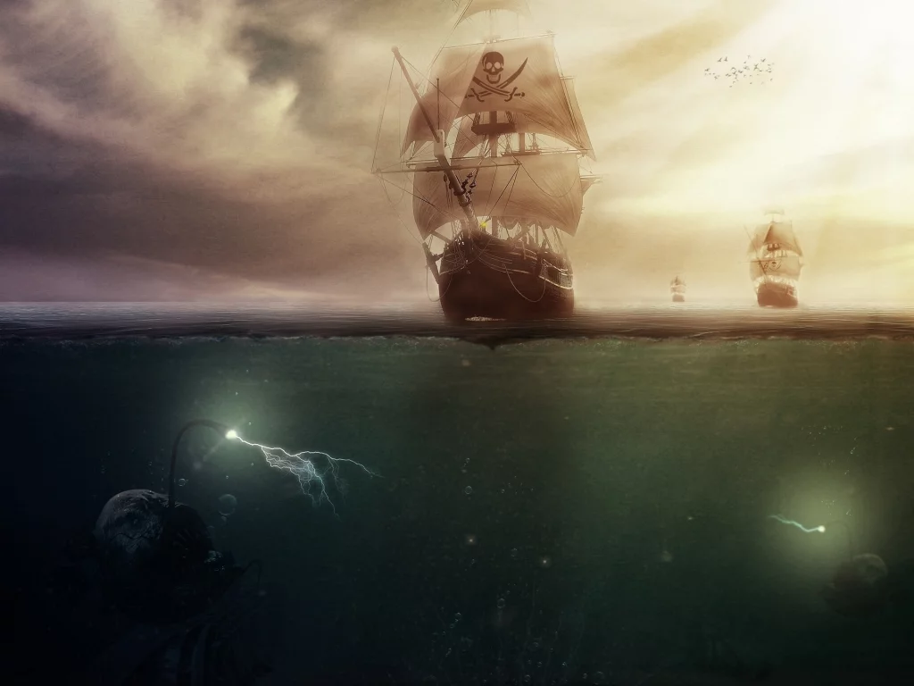 корабль, море, пираты, монстры