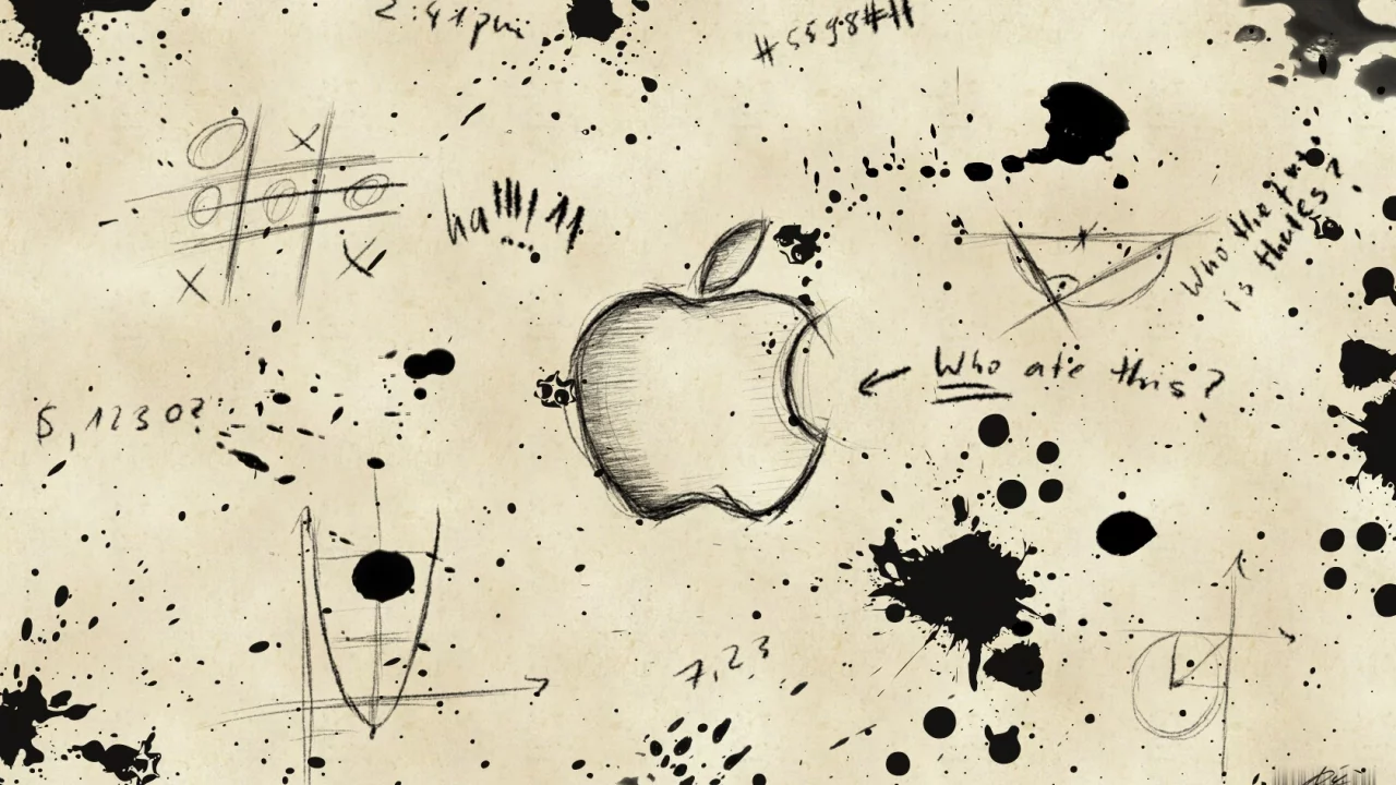 apple, кляксы, записи, бумага, логотип