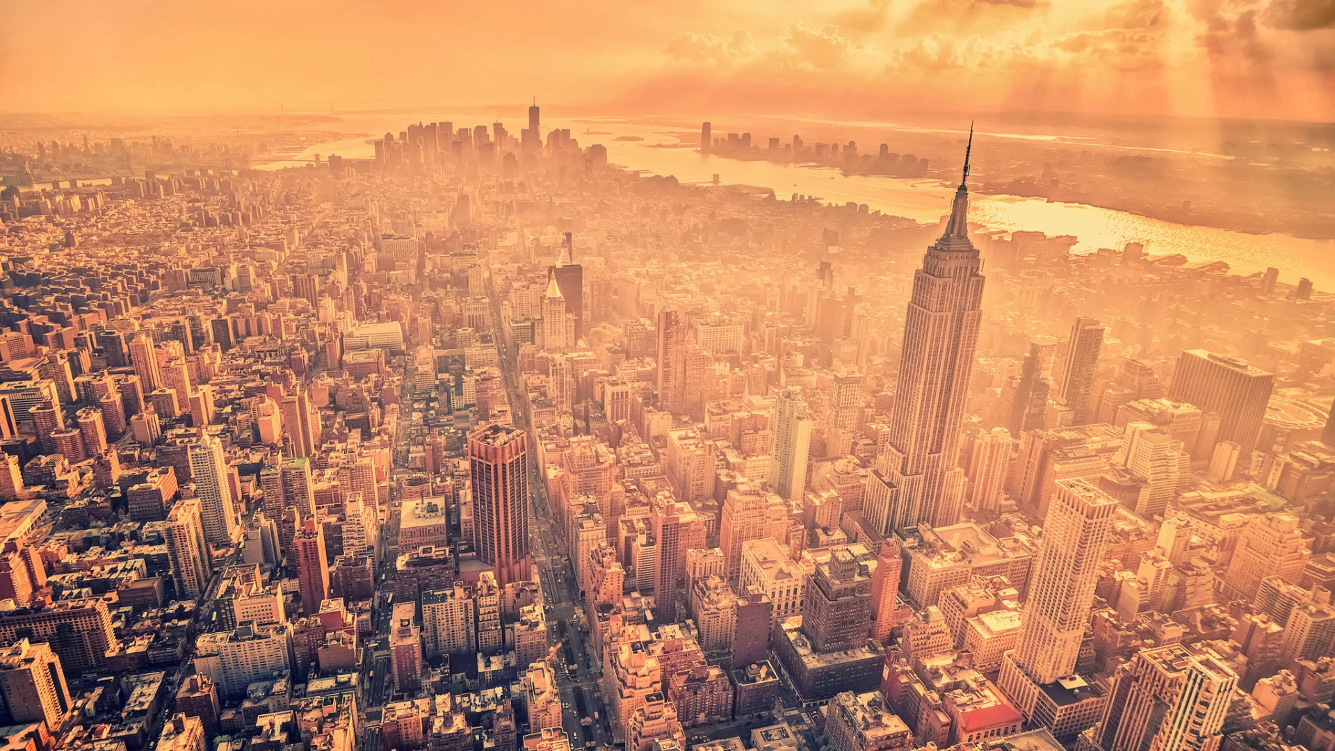 лучи солнца, new york, город, нью йорк