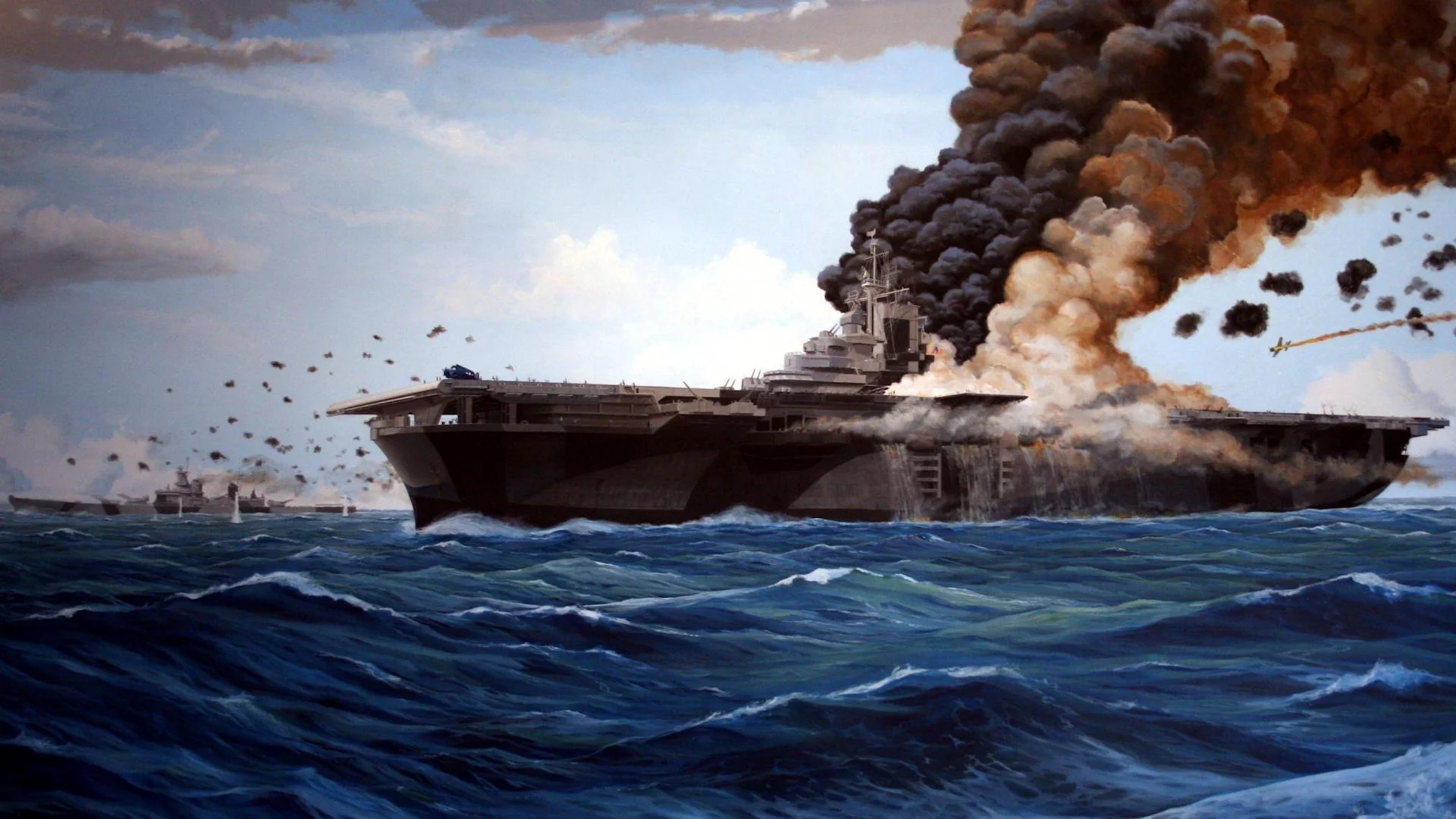 авианосец, дым, pacific, камикадзе, война