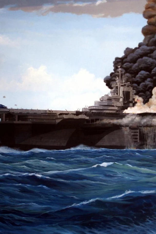 авианосец, дым, pacific, камикадзе, война